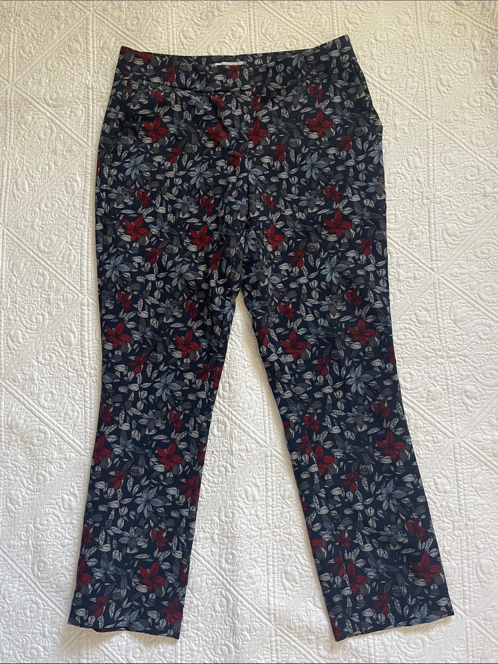 Carolina Belle Navy Floral Straight-Leg pants with Red Details